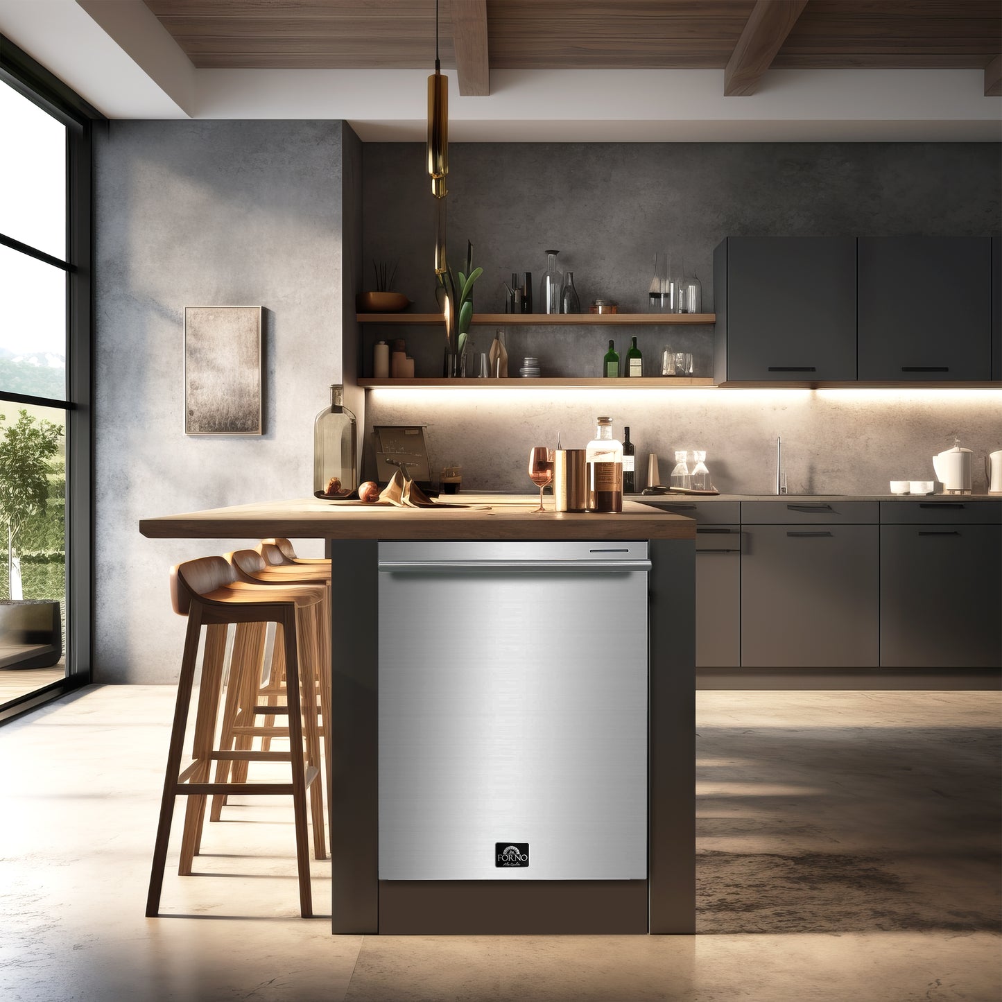 FORNO Premium 3-Piece Kitchen Bundle - Leonardo Espresso 30" Stainless Steel Range, 31" Stainless Steel Bottom Freezer Refrigerator, 24" Stainless Steel Dishwasher - FBDL-007-01US