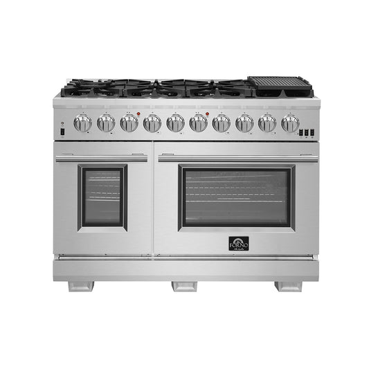 FORNO Premium 3-Piece Kitchen Bundle - FORNO Capriasca 48" Freestanding Gas Range, FORNO Maderno 60" 2-Piece Convertible Refrigerator/Freezer Built-In with Decorative Grill Trim, 27.2 cu.ft., FORNO Orvieto 48" Wall Mount Range Hood - FBDL-019-07CAUS