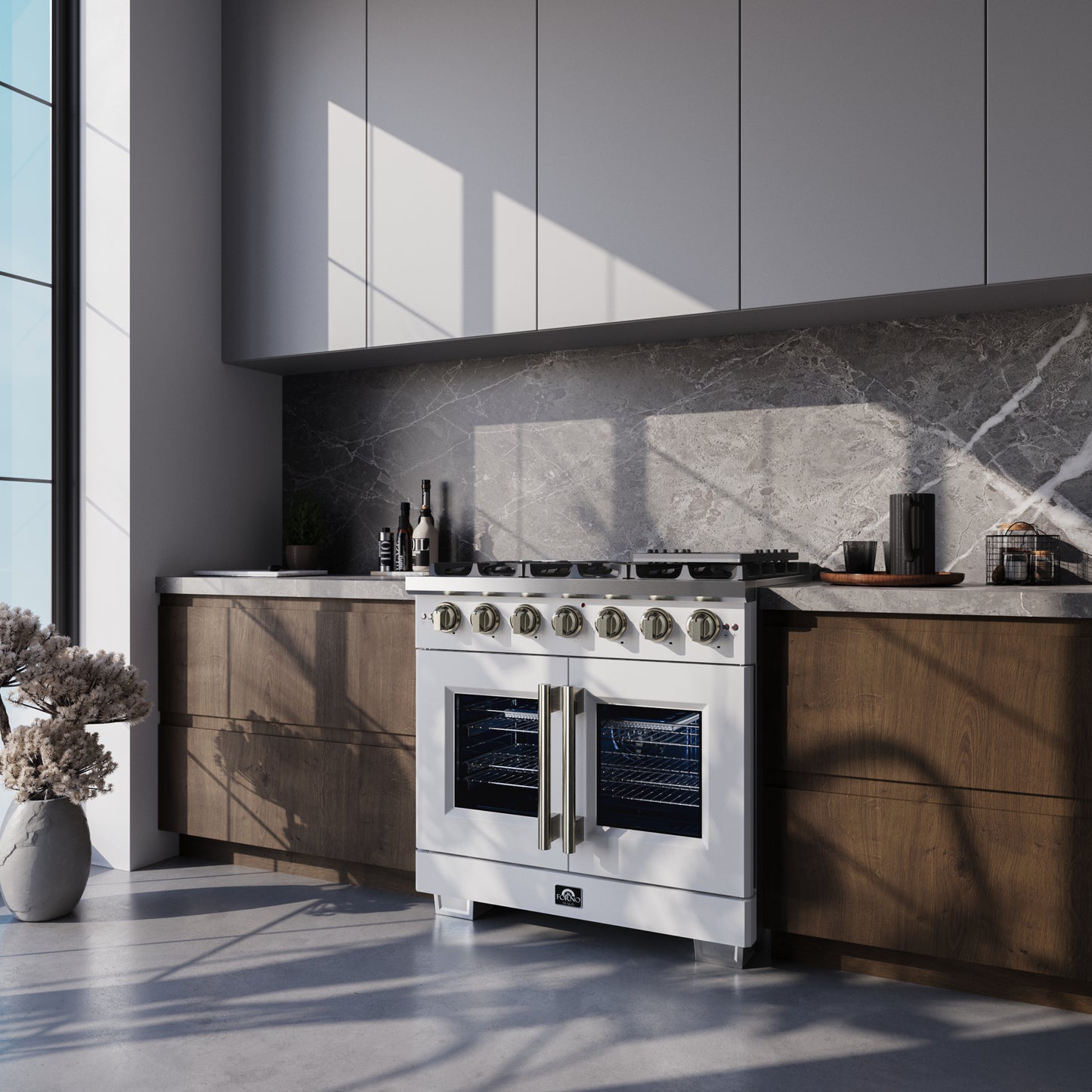 Forno Capriasca 36-Inch White Freestanding French Door Gas Range, 6 Burners, Convection Oven, Energy Efficient