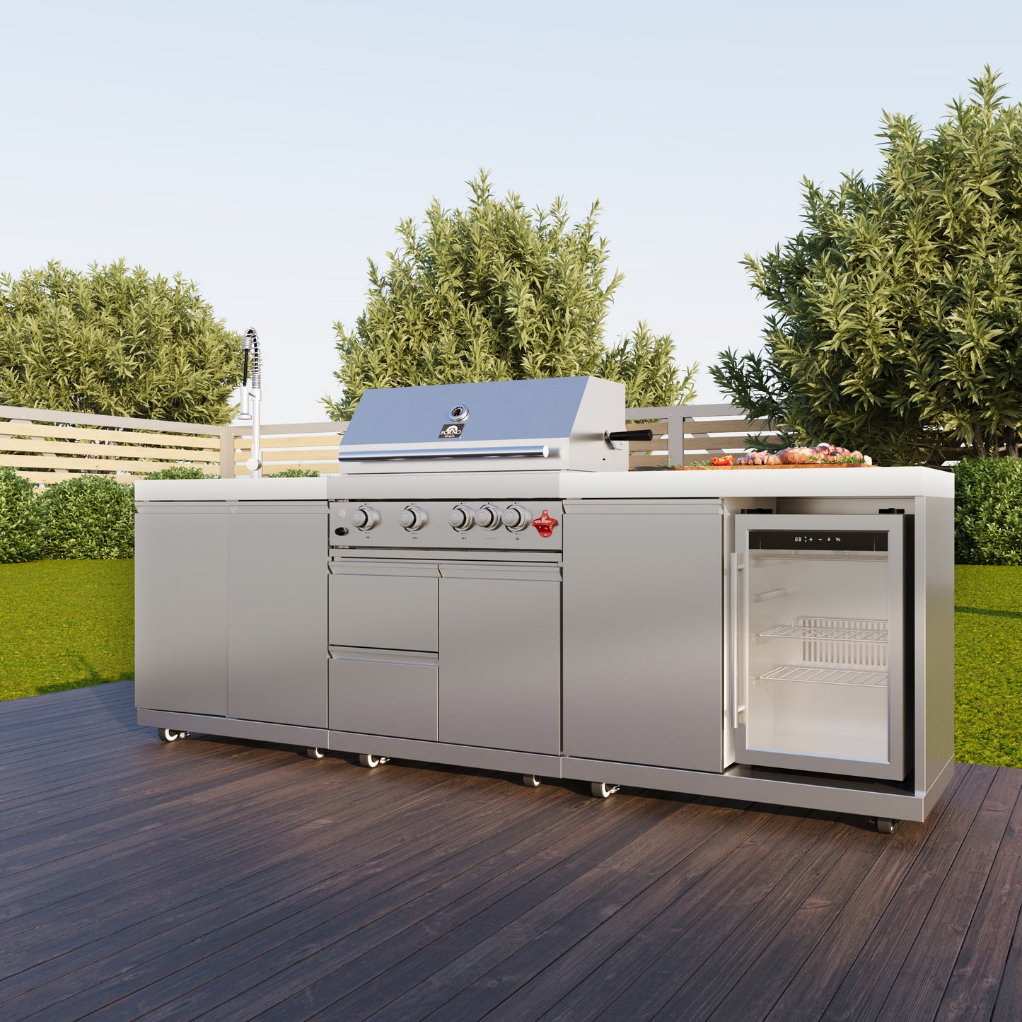 FORNO Bulnes 30-Inch BBQ, 60,000 BTU, 3 Burners with Sear & Rotisserie Infrared Burners, Stainless Steel Outdoor Kitchen with 1.8 cu.ft. Beverage Center & White Sintered Stone Countertops