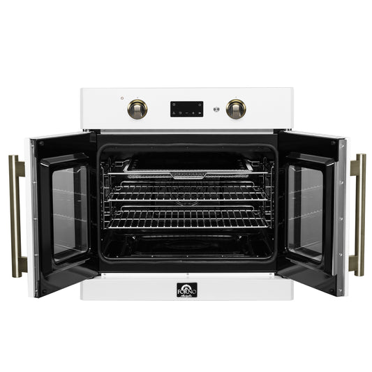 Forno Asti 30-Inch French Door Electric Wall Oven in White & Antique Brass, 3.68 cu. ft. True Convection, 3,600W, Air Fry, Sous Vide, Self-Clean