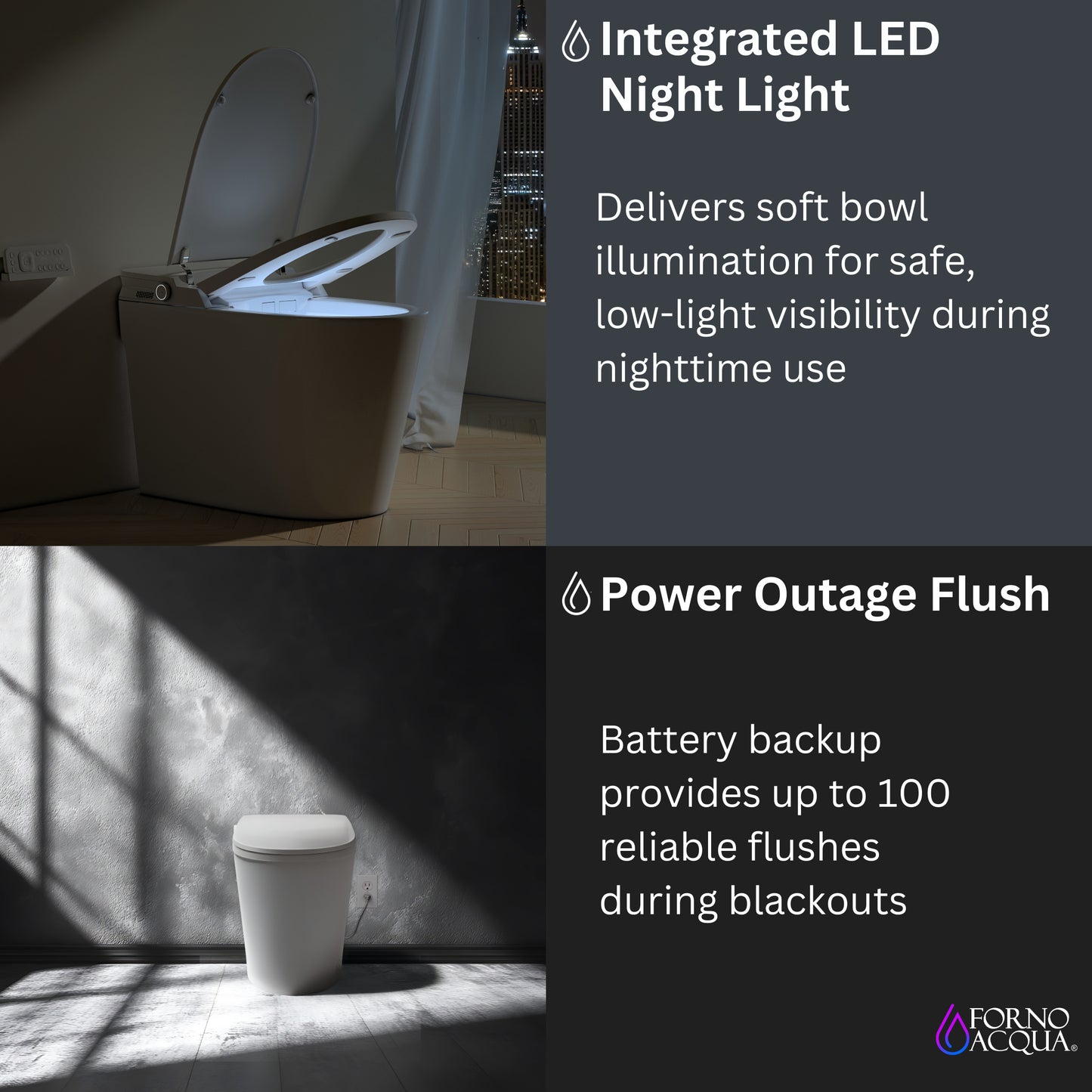 FORNO ACQUA Luxurious Smart Toilet. Includes Heated Seat, Auto Flush, Auto Lid, Powerful Flush, Ideal for Powder Rooms.