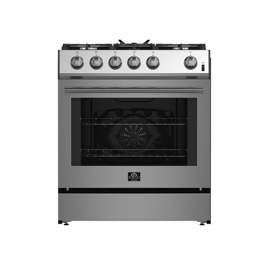 Forno Leonardo 30-Inch Stainless Steel Gas Range, 5 Sealed Burners (Totaling 39,500 BTU), 5 cu.ft. Convection Oven, Continuous Cast Iron Grates, Black Enamel Interior, Auto Re-Ignition, LP Conversion Kit Included
