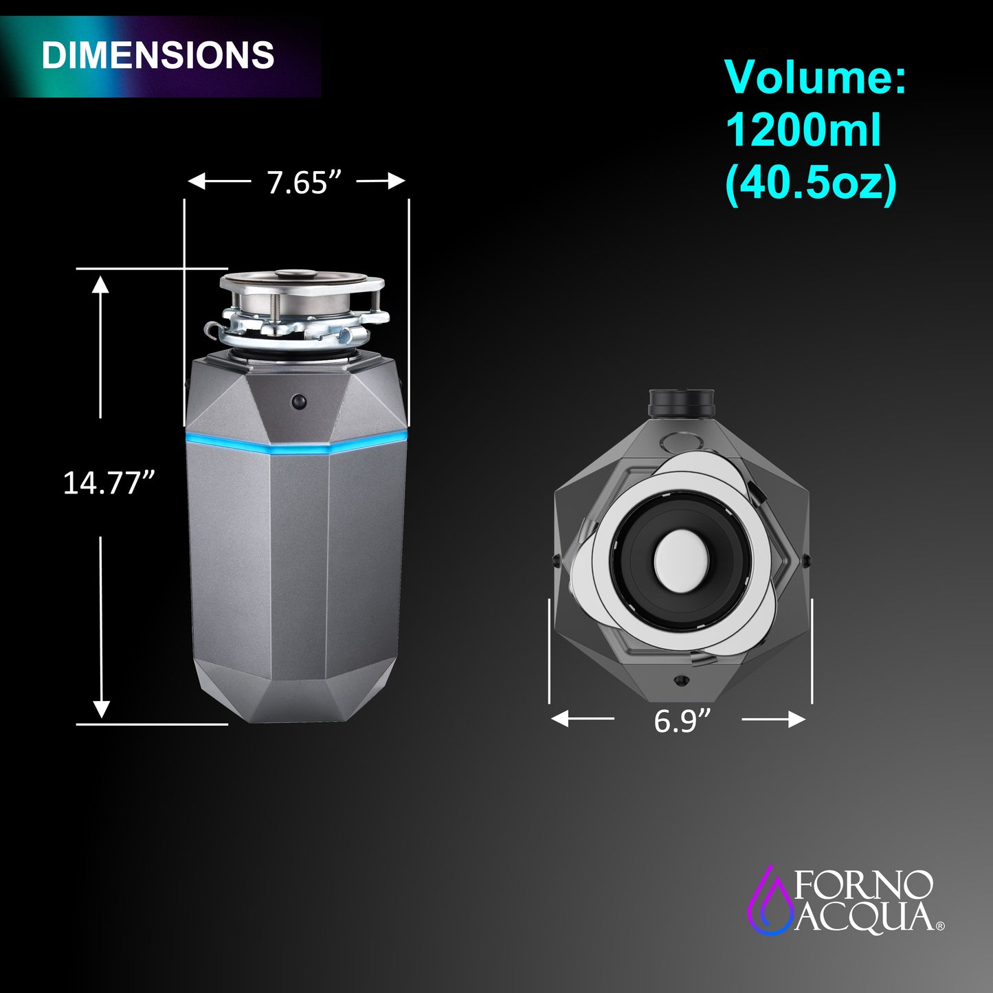 FORNO ACQUA BrightDIAMOND Black Onyx 1HP Super Quiet Garbage Disposal Corded with Motion Sensor Cabinet Light & Pre-Wired Air Switch