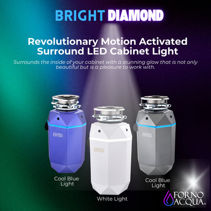 FORNO ACQUA BrightDIAMOND Moonstone 3/4HP Super Quiet Garbage Disposal Corded with Motion Sensor Cabinet Light & Pre-Wired Air Switch