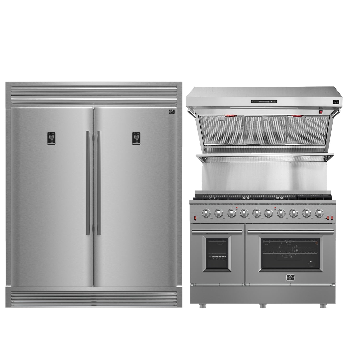 FORNO Premium 3-Piece Kitchen Bundle - FORNO Galiano 48" Freestanding Gas Range, FORNO Rizzuto 60" W. Dual Combo Convertible Refrigerator, FORNO 48" Wall Mount Range Hood - FBDL-018-02US
