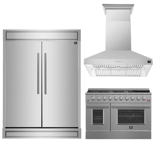 FORNO Premium 3-Piece Kitchen Bundle - FORNO Galiano 48" Freestanding Gas Range, FORNO Maderno 60" 2-Piece Convertible Refrigerator/Freezer Built-In with Decorative Grill Trim, 27.2 cu.ft., FORNO Orvieto 48" Wall Mount Range Hood - FBDL-018-04CAUS