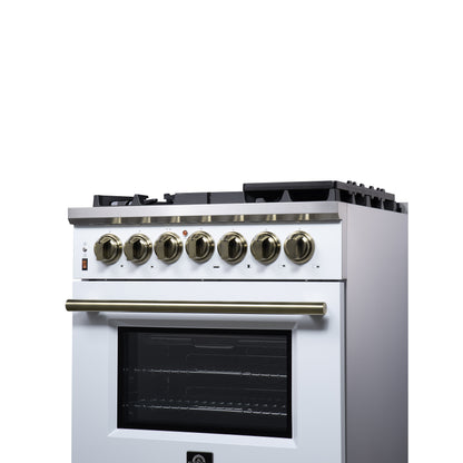 Forno Massimo 30-Inch Freestanding Dual Fuel Range in White with Antique Brass Accessories, 4 Burners, 4.32 cu. ft. Convection Oven