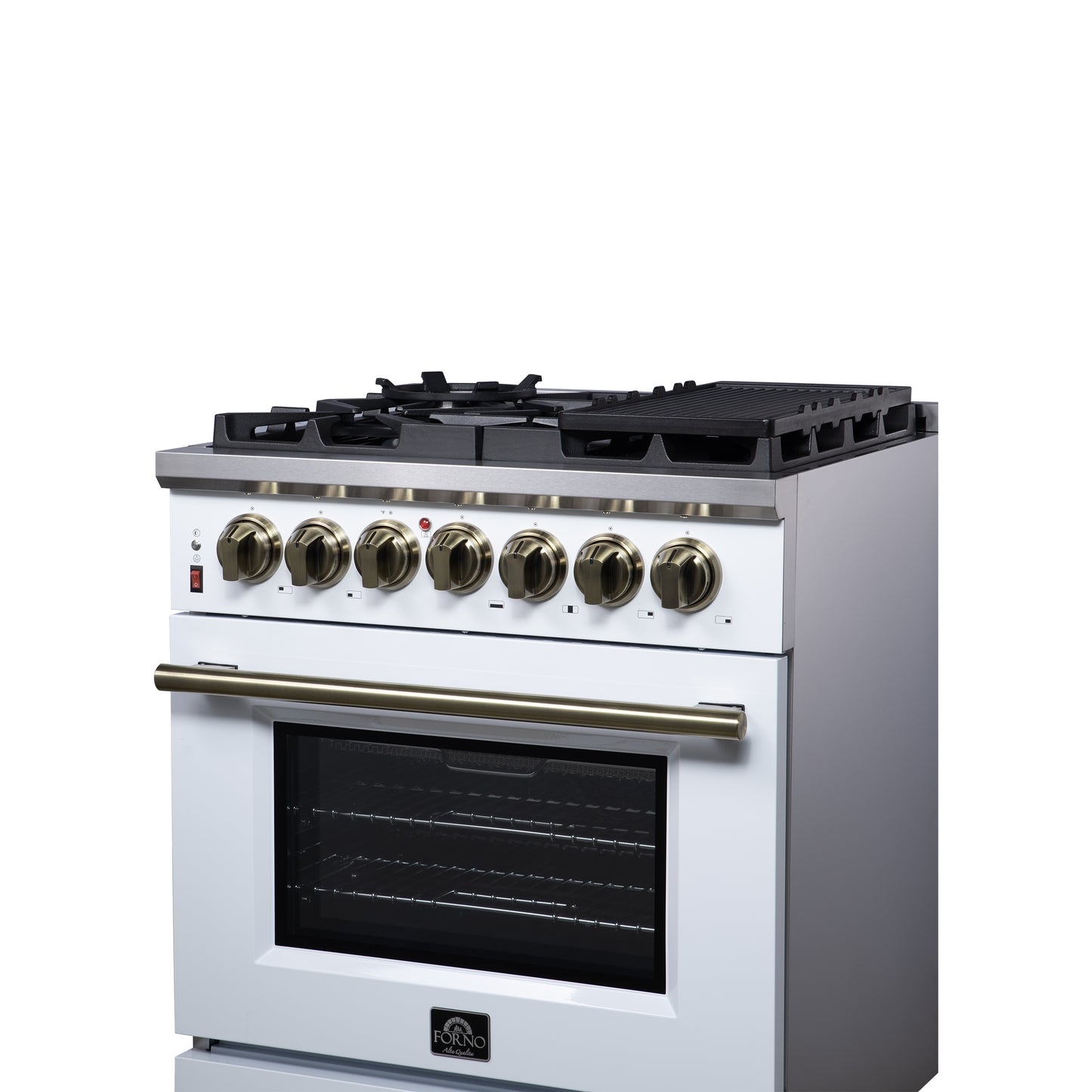 Forno Massimo 30-Inch Freestanding Dual Fuel Range in White with Antique Brass Accessories, 4 Burners, 4.32 cu. ft. Convection Oven