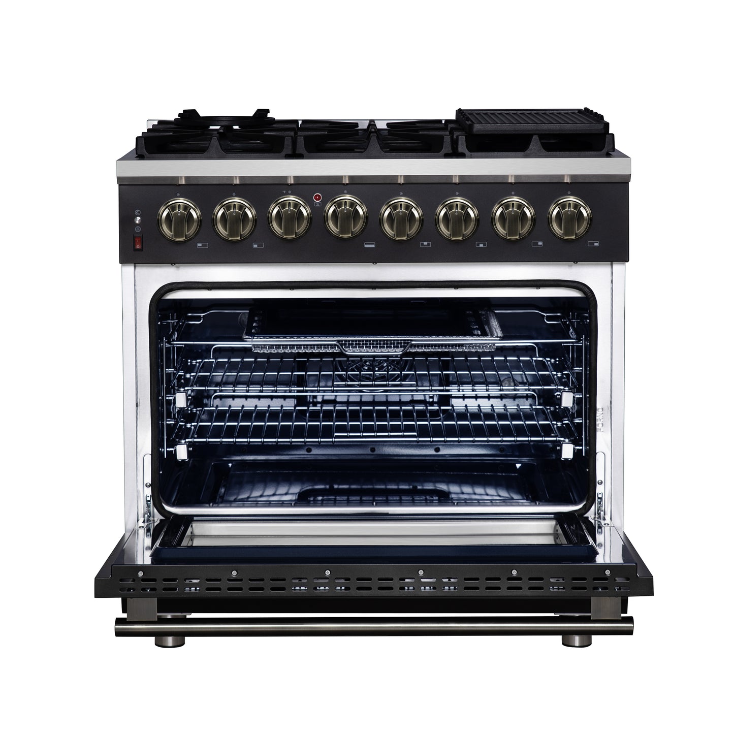 Forno Massimo 36 Inch Freestanding Dual Fuel Range in Black with Antique Brass Accessories, 6 Burners, 5.36 cu. ft. Convection Oven