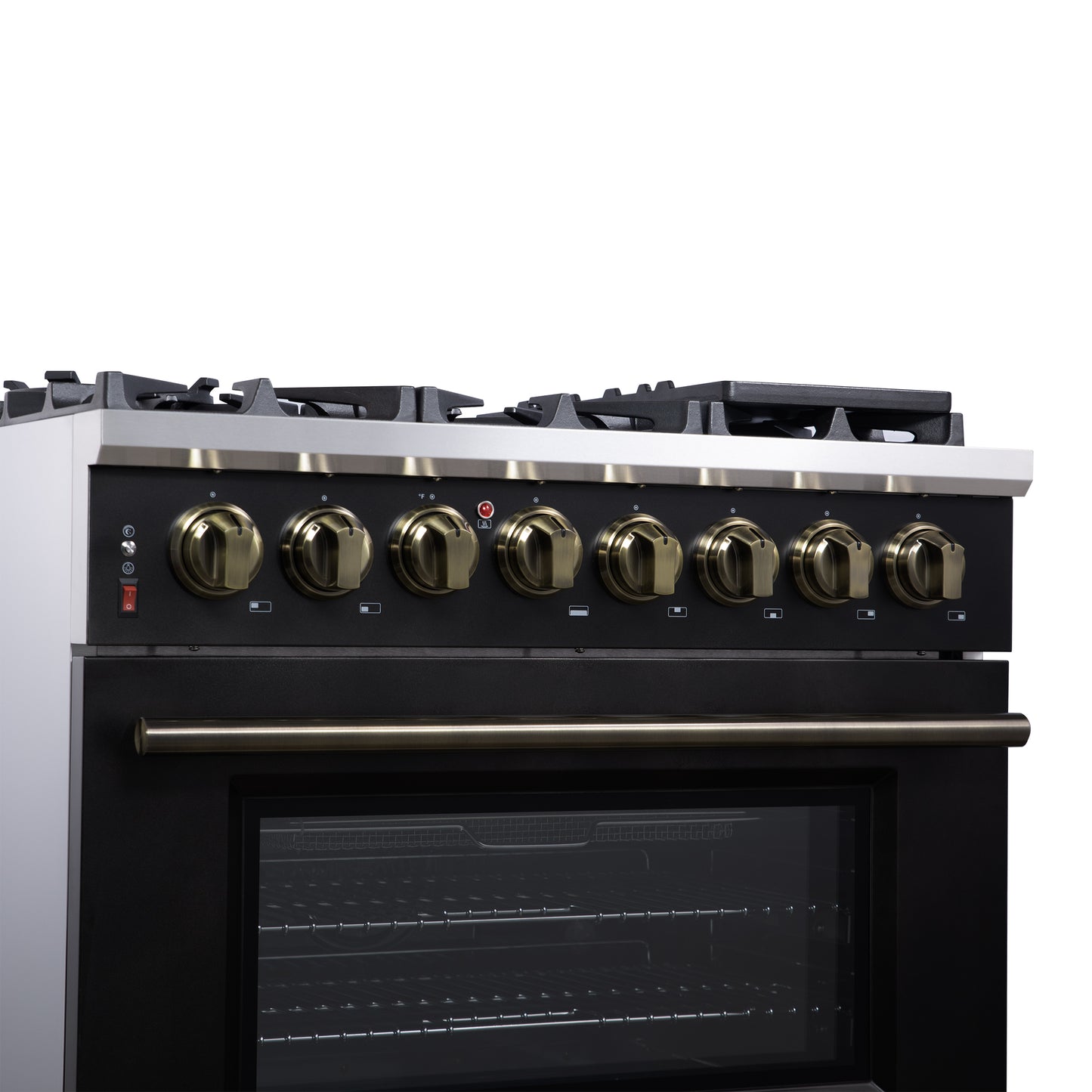 Forno Massimo 36 Inch Freestanding Dual Fuel Range in Black with Antique Brass Accessories, 6 Burners, 5.36 cu. ft. Convection Oven