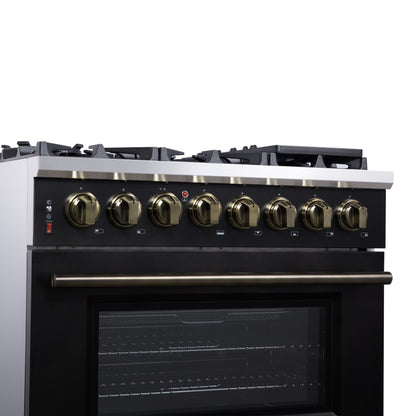 Forno Massimo 36 Inch Freestanding Dual Fuel Range in Black with Antique Brass Accessories, 6 Burners, 5.36 cu. ft. Convection Oven