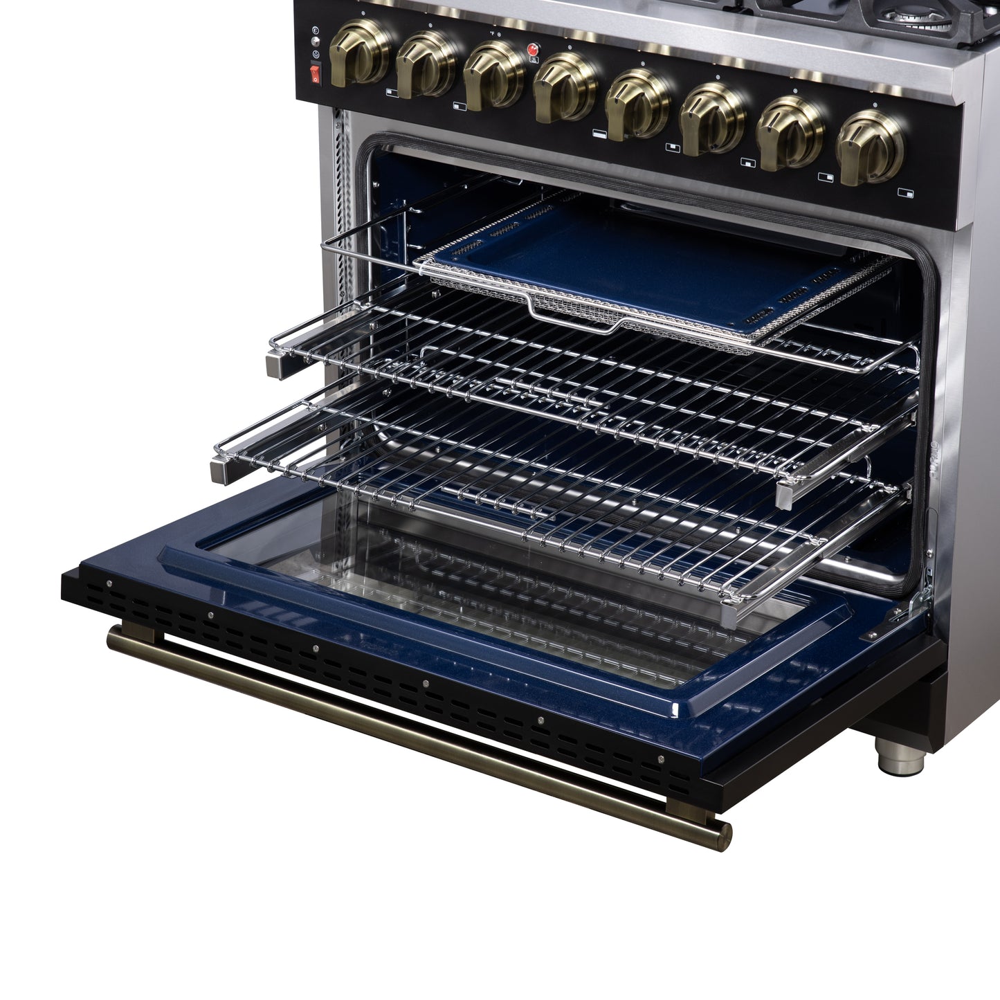 Forno Massimo 36 Inch Freestanding Dual Fuel Range in Black with Antique Brass Accessories, 6 Burners, 5.36 cu. ft. Convection Oven