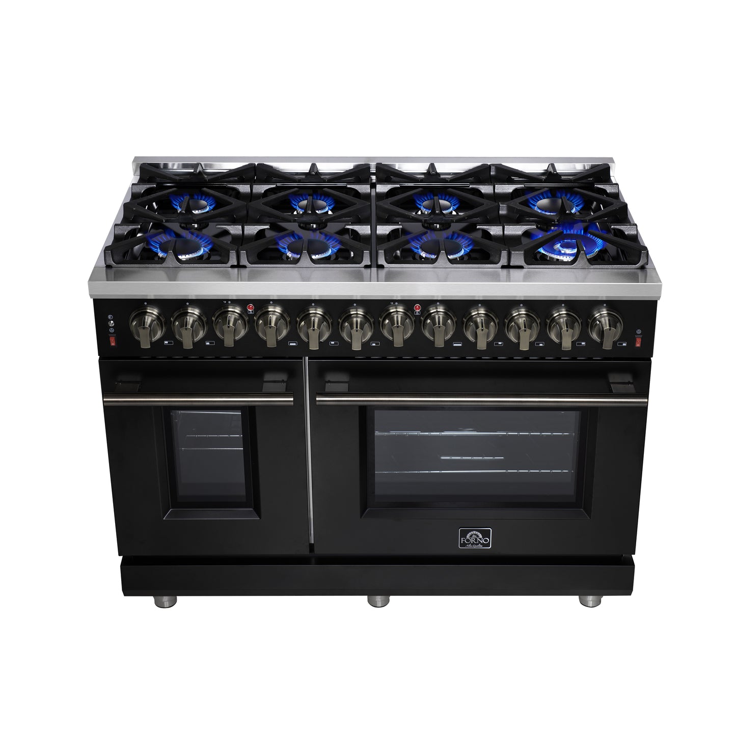 Forno Massimo 48 Inch Freestanding Dual Fuel Range in Black with Antique Brass Accessories, 8 Burners, 6.58 cu. ft. Convection Oven