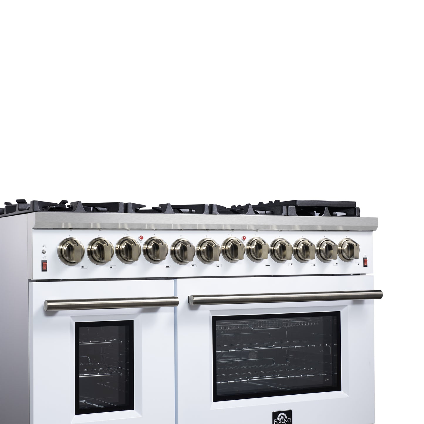Forno Massimo 48 Inch Freestanding Dual Fuel Range in White with Antique Brass Accessories, 8 Burners, 6.58 cu. ft. Convection Oven