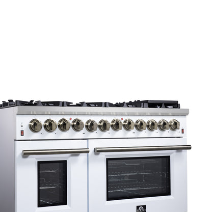 Forno Massimo 48 Inch Freestanding Dual Fuel Range in White with Antique Brass Accessories, 8 Burners, 6.58 cu. ft. Convection Oven