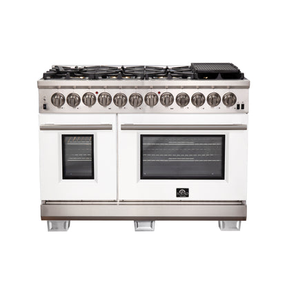 Forno Capriasca 48-Inch Freestanding Dual Fuel Range, 8 Burners, True Convection Oven, White Doors