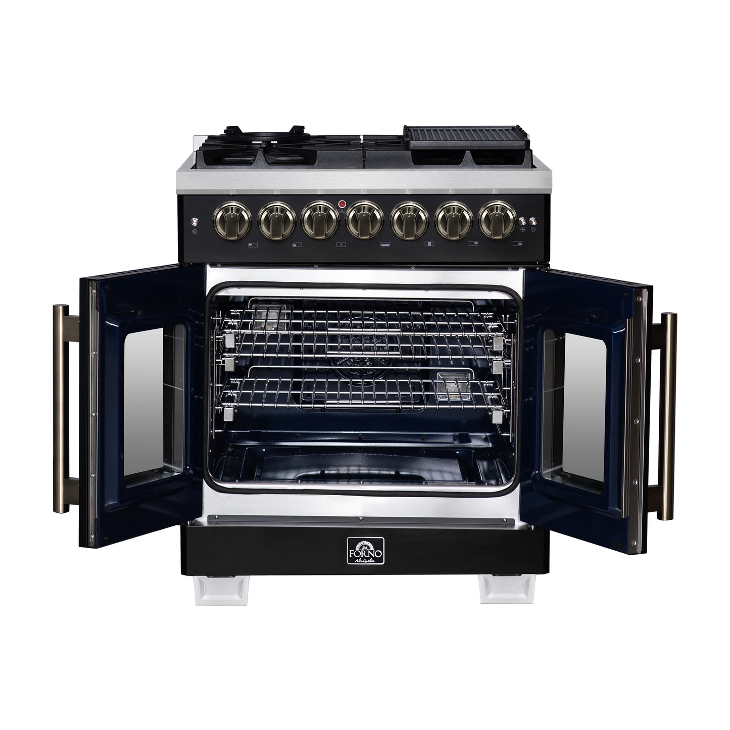Forno Capriasca 30 Inch Freestanding French Door Dual Fuel Range in Black with Antique Brass Accessories, 5 Burners, True Convection Oven