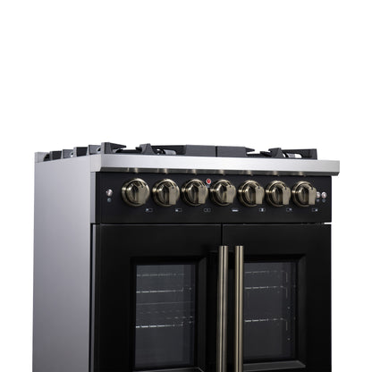 Forno Capriasca 30 Inch Freestanding French Door Dual Fuel Range in Black with Antique Brass Accessories, 5 Burners, True Convection Oven