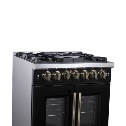 Forno Capriasca 30 Inch Freestanding French Door Dual Fuel Range in Black with Antique Brass Accessories, 5 Burners, True Convection Oven