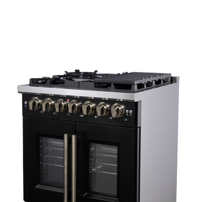 Forno Capriasca 30 Inch Freestanding French Door Dual Fuel Range in Black with Antique Brass Accessories, 5 Burners, True Convection Oven