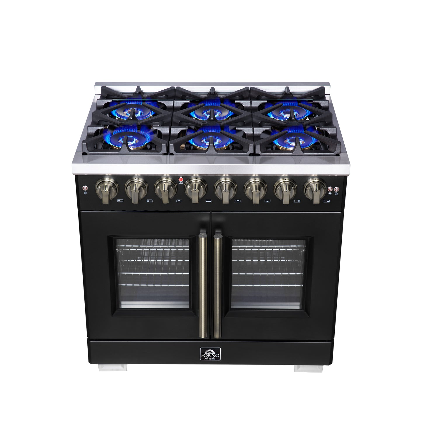 Forno Capriasca 36 Inch Freestanding French Door Dual Fuel Range in Black with Antique Brass Accessories, 6 Burners, True Convection Oven