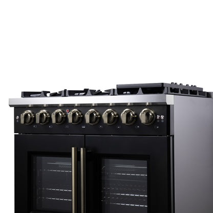 Forno Capriasca 36 Inch Freestanding French Door Dual Fuel Range in Black with Antique Brass Accessories, 6 Burners, True Convection Oven