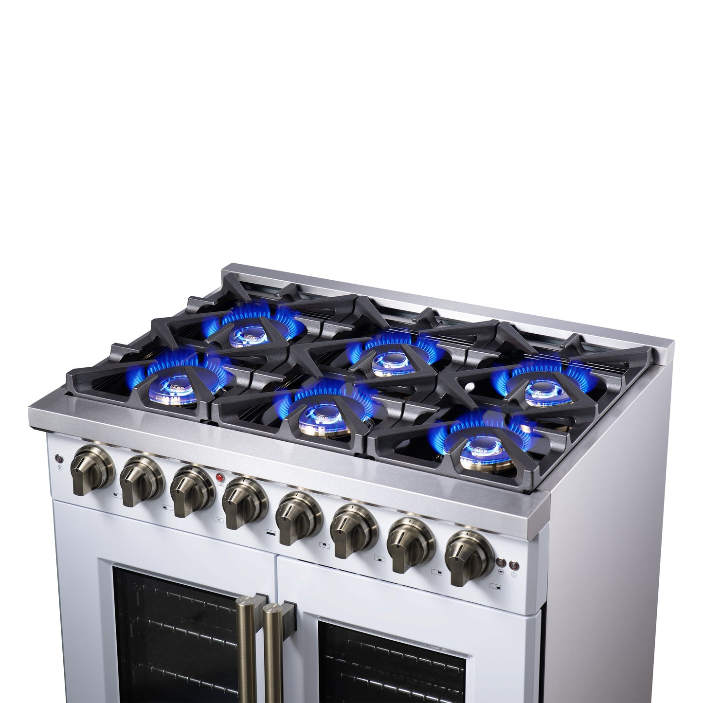 Forno Capriasca 36 Inch Freestanding French Door Dual Fuel Range in White with Antique Brass Accessories, 6 Burners, True Convection Oven