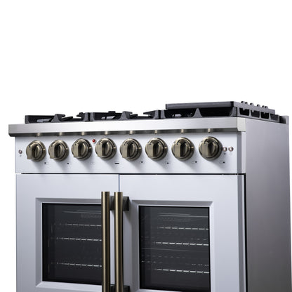 Forno Capriasca 36 Inch Freestanding French Door Dual Fuel Range in White with Antique Brass Accessories, 6 Burners, True Convection Oven