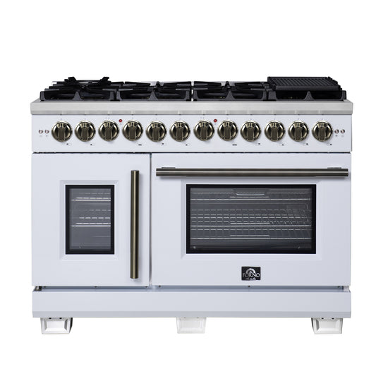 Forno Capriasca 48 Inch Freestanding French Door Dual Fuel Range in White with Antique Brass Accessories, 8 Burners, True Convection Oven