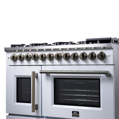 Forno Capriasca 48 Inch Freestanding French Door Dual Fuel Range in White with Antique Brass Accessories, 8 Burners, True Convection Oven