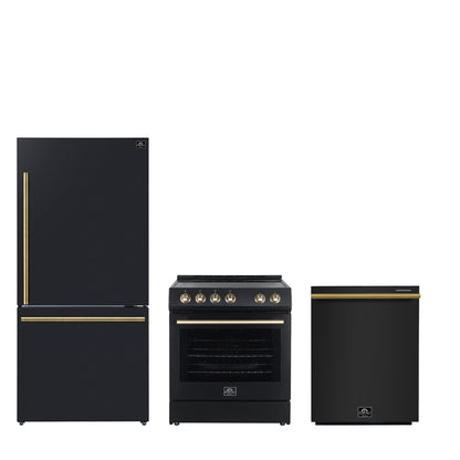 FORNO Premium 3-Piece Kitchen Bundle - Leonardo Espresso 30" Black Range, 31" Black Bottom Freezer Refrigerator, 24" Black Built-In Dishwasher - FBDL-007-02CA