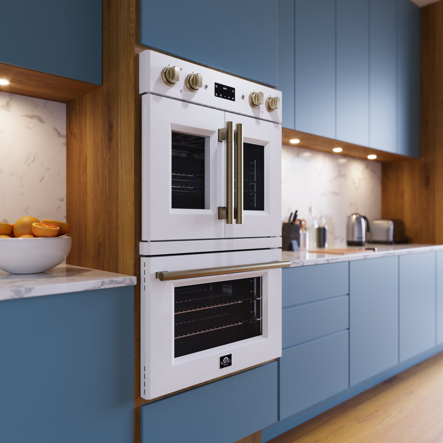 Forno Asti 30-Inch Double Electric Wall Oven with Upper French Doors in White & Antique Brass, 7.36 cu. ft. Dual True Convection, 7,200W, Air Fry, Sous Vide, Self-Clean