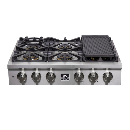 Forno Spezia Alta Qualita 36-Inch Pro-Style Gas Rangetop, Stainless Steel, 6 Sealed Burners, Continuous Cast Iron Grates, High Heat Output