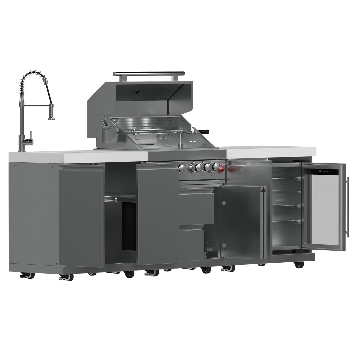 FORNO Bulnes 30-Inch BBQ, 60,000 BTU, 3 Burners with Sear & Rotisserie Infrared Burners, Stainless Steel Outdoor Kitchen with 1.8 cu.ft. Beverage Center & White Sintered Stone Countertops