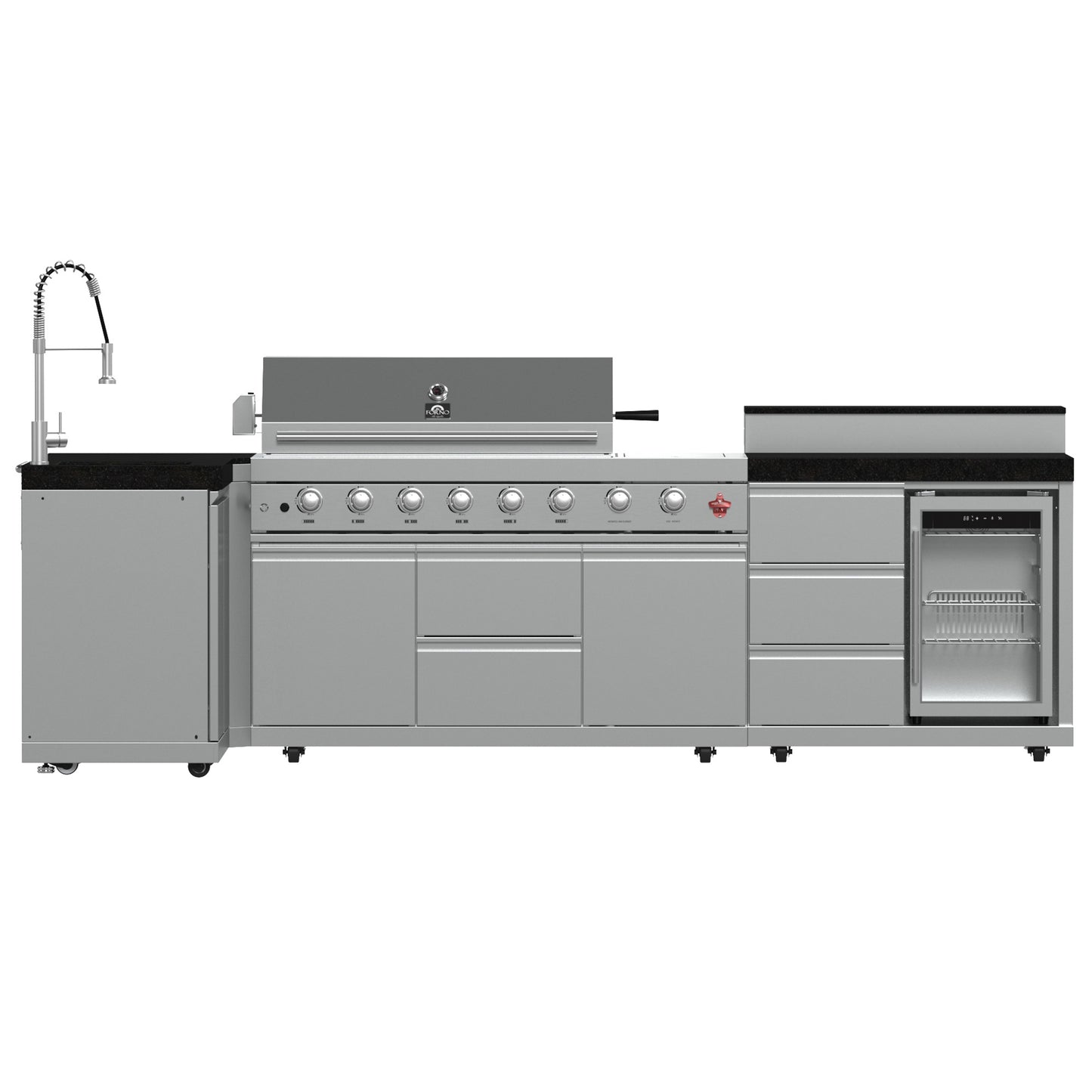 FORNO Bulnes 40-Inch BBQ, 95,000 BTU, 5 Burners, Sear & Rotisserie Infrared with Side Burner, Stainless Steel Outdoor Kitchen with 1.8 cu.ft. Beverage Center & Black Granite Countertops