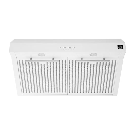 FORNO Premium 4-Piece Kitchen Bundle - Leonardo Espresso 30" White Range, 30" White Range Hood, 31" White Bottom Freezer Refrigerator, 24" White Built-In Dishwasher - FBDL-006-03CA