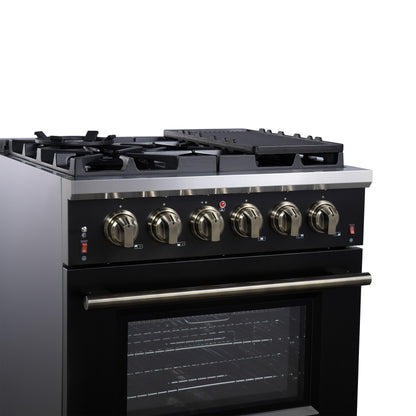 Forno Massimo 30-Inch Black Freestanding Gas Range, 4 Burners, True Convection Oven
