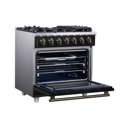 Forno Massimo 36-Inch Black Freestanding Gas Range, 6 Sealed Burners, Convection Oven, Energy Efficient