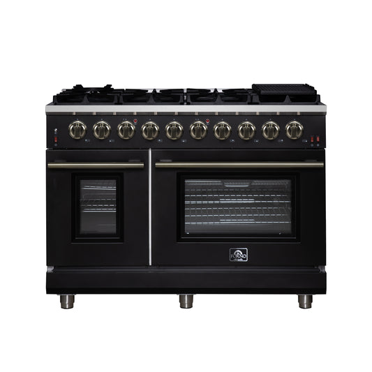 Forno Massimo 48-Inch Black Freestanding Gas Range, 8 Burners, True Convection Oven