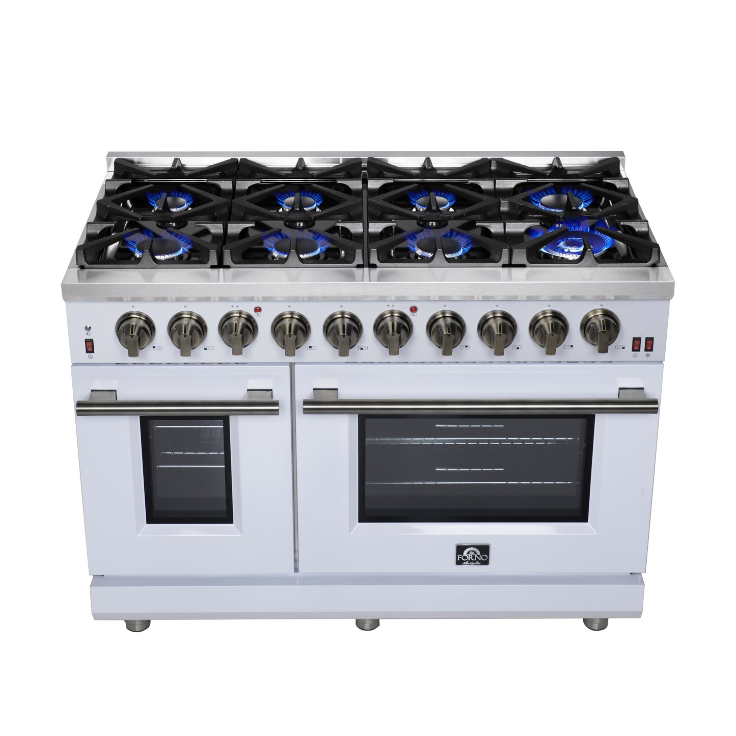 Forno Massimo 48-Inch White Freestanding Gas Range, 8 Burners, True Convection Oven