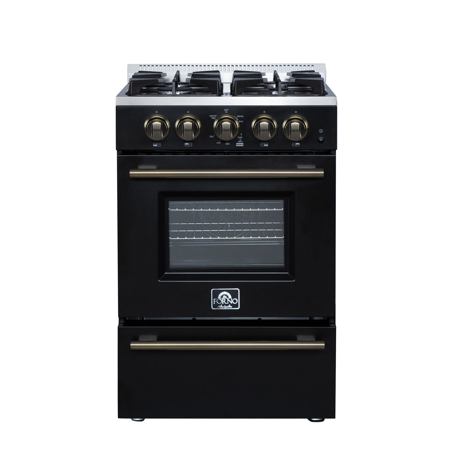 Forno Breno 24 Inch Freestanding Gas Range in Black with Antique Brass, Plug Included, Energy Efficient
