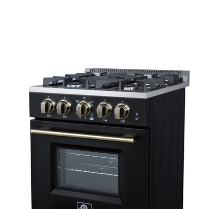 Forno Breno 24 Inch Freestanding Gas Range in Black with Antique Brass, Plug Included, Energy Efficient