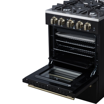 Forno Breno 24 Inch Freestanding Gas Range in Black with Antique Brass, Plug Included, Energy Efficient
