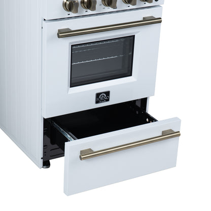 Forno Breno 24 Inch Freestanding Gas Range in White with Antique Brass, Plug Included, Energy Efficient