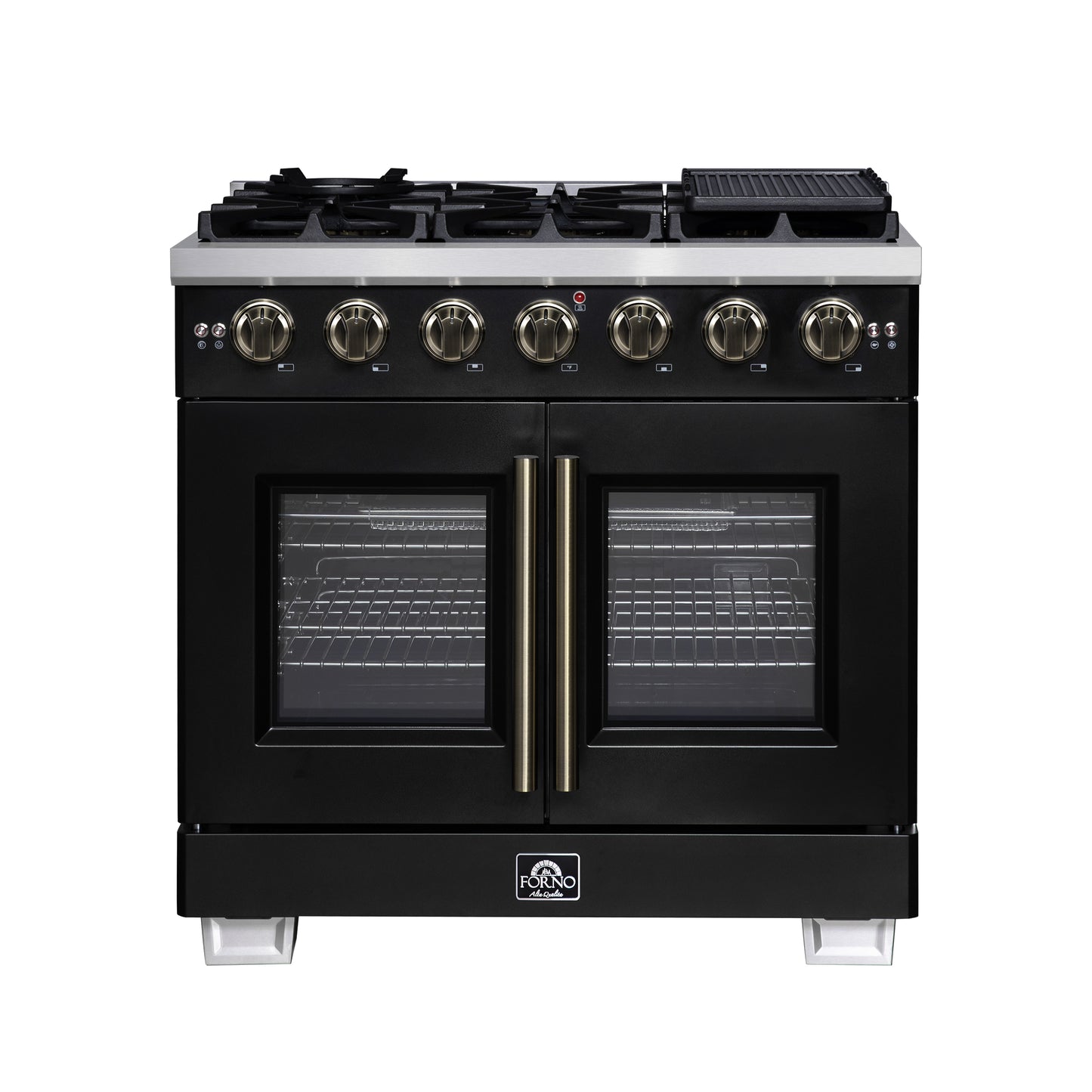 Forno Capriasca 36-Inch Black Freestanding French Door Gas Range, 6 Burners, Convection Oven, Energy Efficient