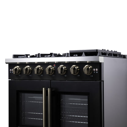 Forno Capriasca 36-Inch Black Freestanding French Door Gas Range, 6 Burners, Convection Oven, Energy Efficient