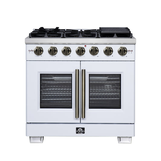Forno Capriasca 36-Inch White Freestanding French Door Gas Range, 6 Burners, Convection Oven, Energy Efficient