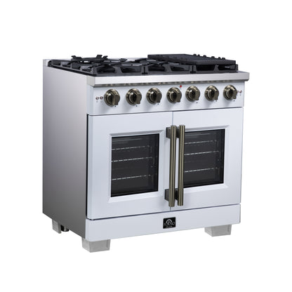 Forno Capriasca 36-Inch White Freestanding French Door Gas Range, 6 Burners, Convection Oven, Energy Efficient