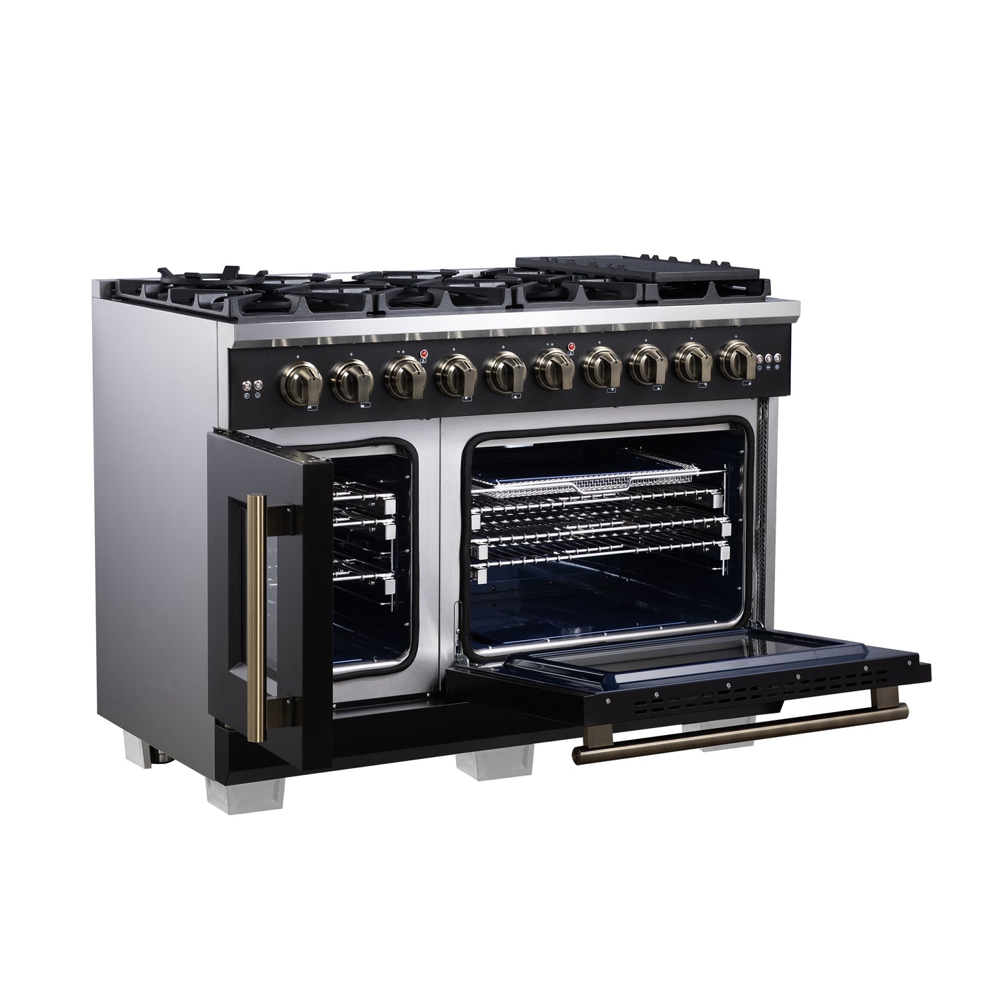 Forno Capriasca 48-Inch Black Freestanding French Door Gas Range, 8 Burners, Convection Oven, Energy Efficient